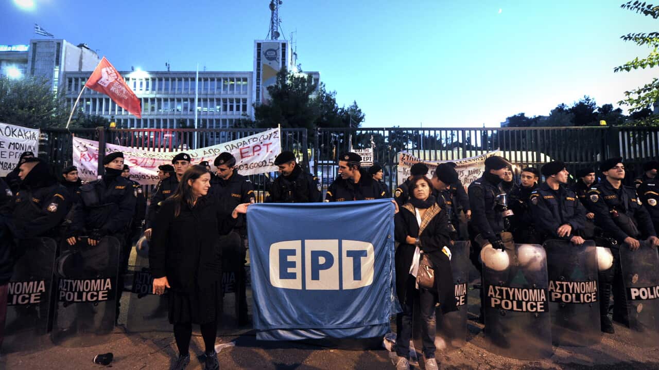 Former ERT employees outside the broadcaster's offices in northern Athens. Getty.jpg