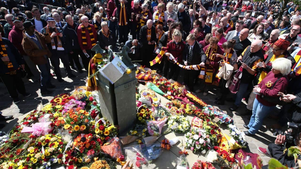 Floral tributes during the Bradford City fire memorial service