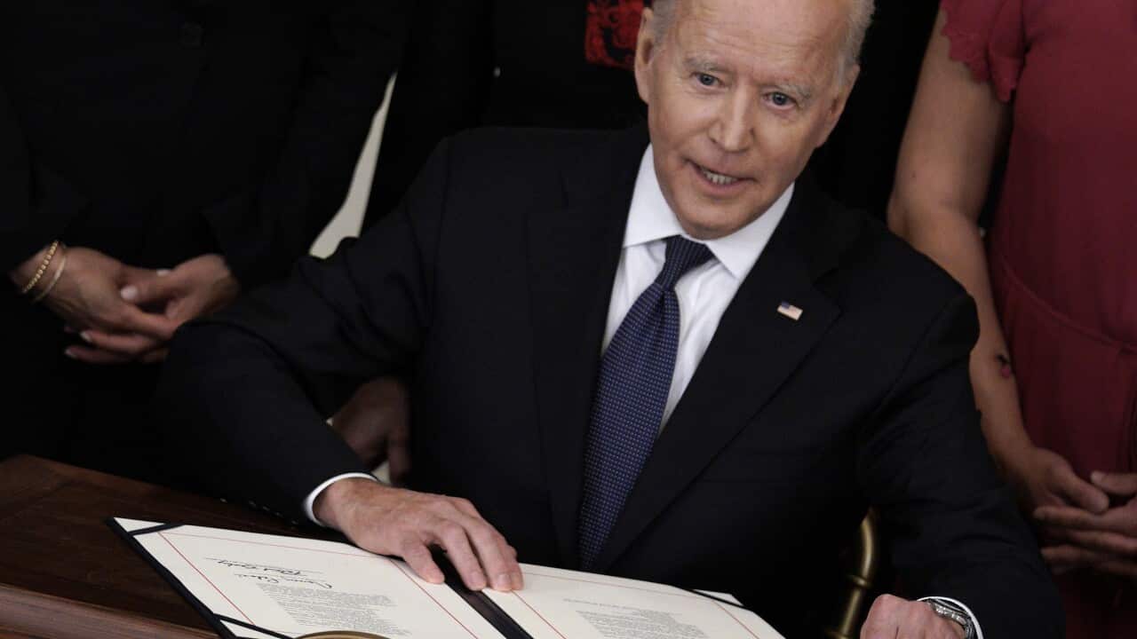 U.S. President Joe Biden signs the COVID-19 Hate Crimes Act into law in the East Room at the White House in Washington on May 20, 2021. Photo by Yuri Gripas/Pool/Sipa USA