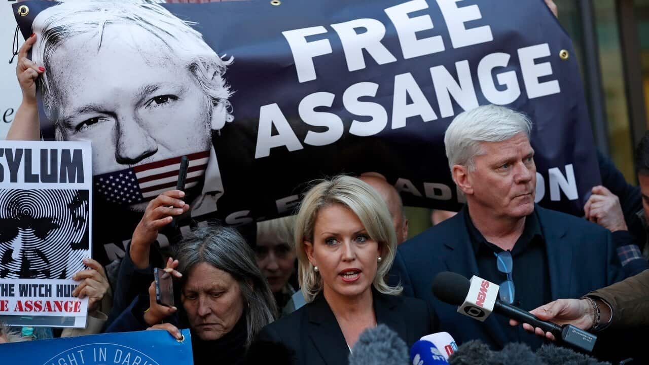 Kristinn Hrafnsson, editor of WikiLeaks, right, and barrister Jennifer Robinson speak to the media outside Westminster magistrates court.
