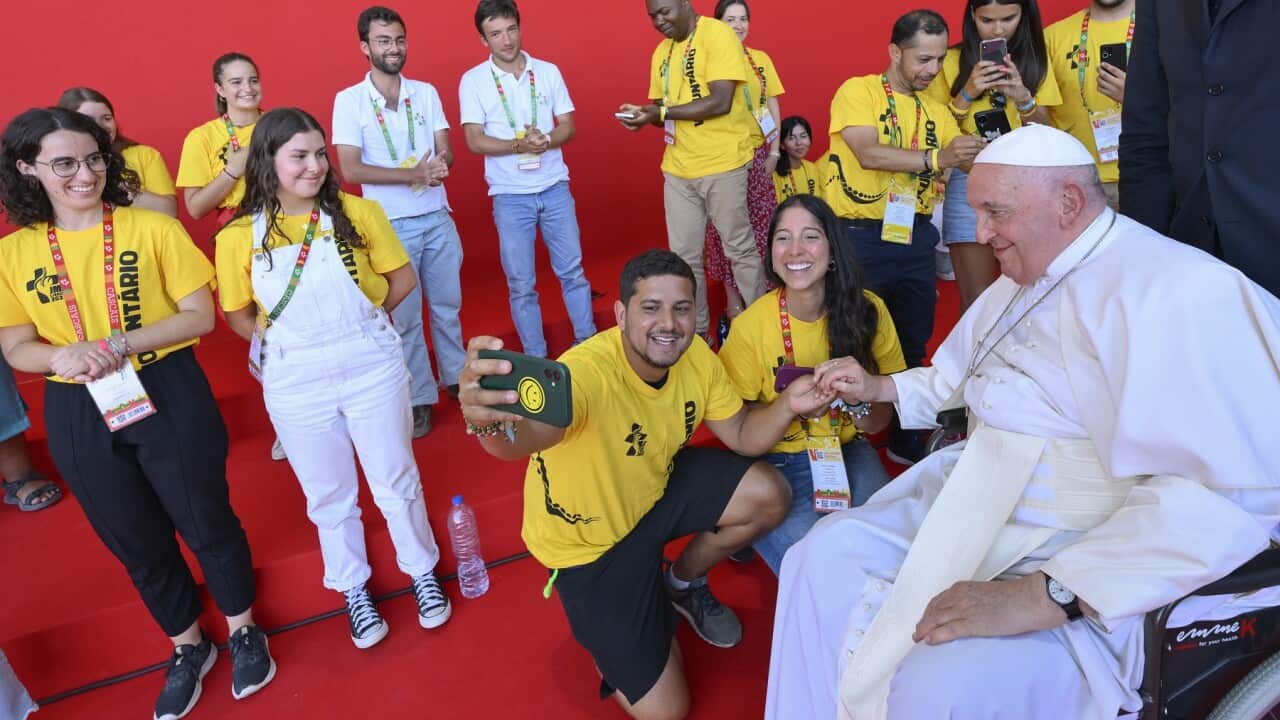 Pope Francis during a meeting with World Youth Day volunteers in Portugal