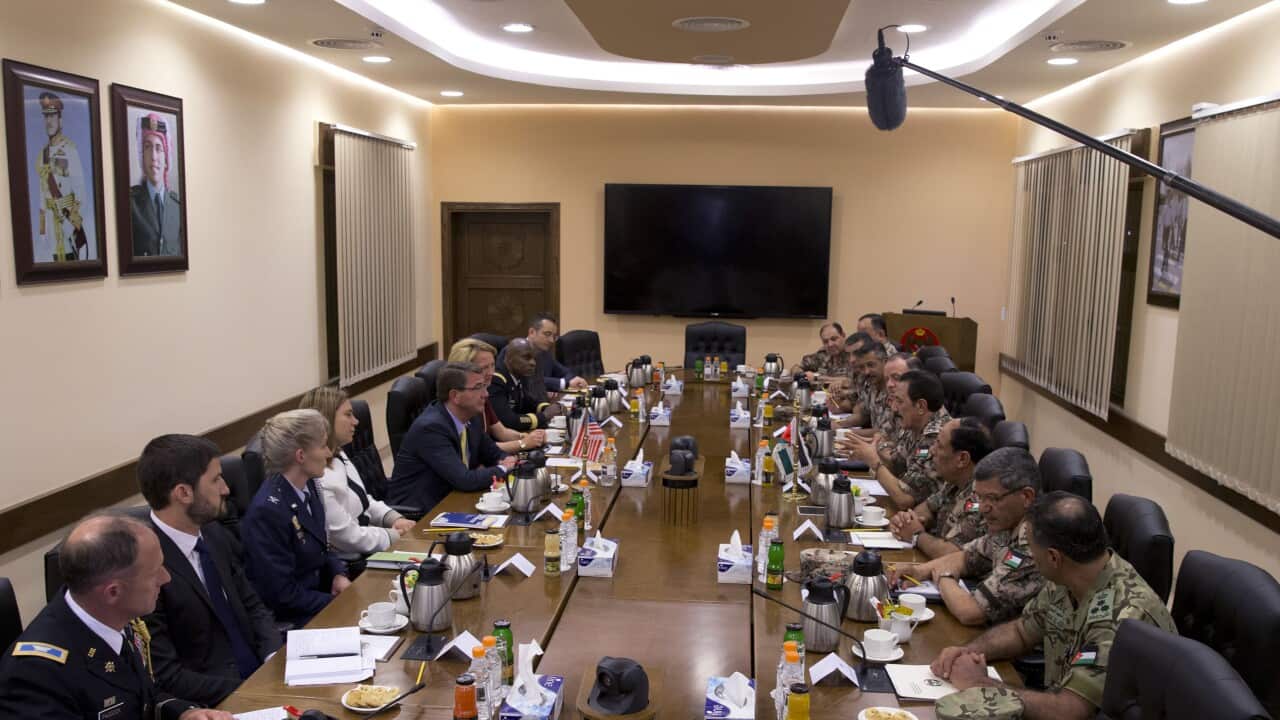 U.S. Defense Secretary Ash Carter, center left, meets with Jordanian armed forces at the Jordan Armed Forces General Headquarters in Amman, in Jordan, Wednesday, July 22, 2015 (AP Photo/Carolyn Kaster, Pool)