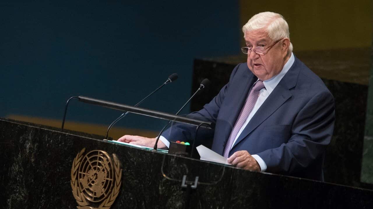 Syrian Deputy Prime Minister Walid Al-Moualem addresses the 73rd session of the United Nations General Assembly.