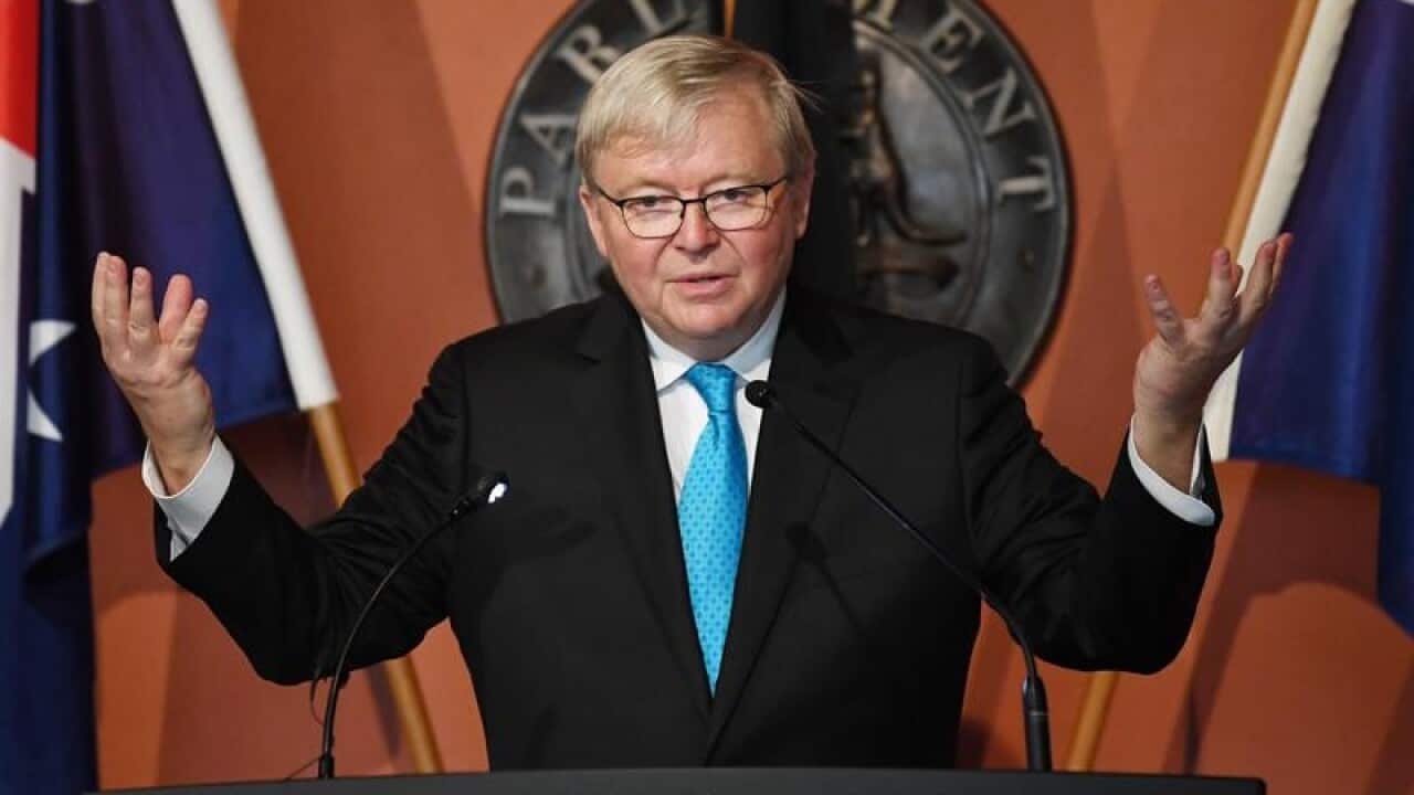 Former PM Kevin Rudd gestures during a speech in Sydney.
