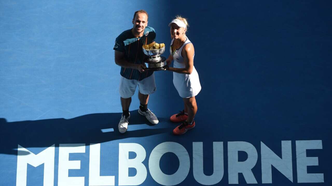 Bruno Soares of Brazil and partner Elena Vesnina of Russia