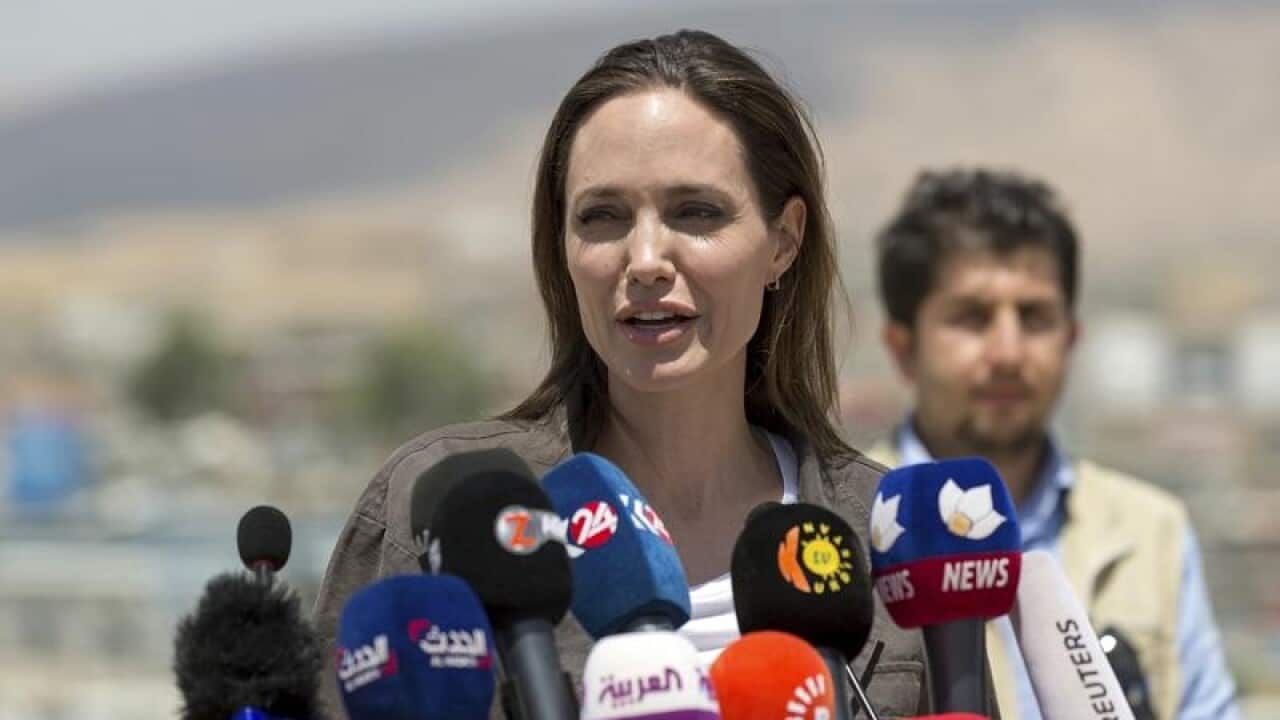Angelina Jolie addresses the press in Iraq