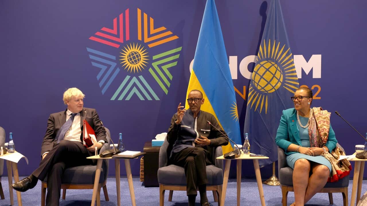 Prime Minister Boris Johnson (left), Rwandan President Paul Kagame and Secretary-General of the Commonwealth of Nations Patricia Scotland at the Commonwealth Heads of Government Meeting in Rwanda.