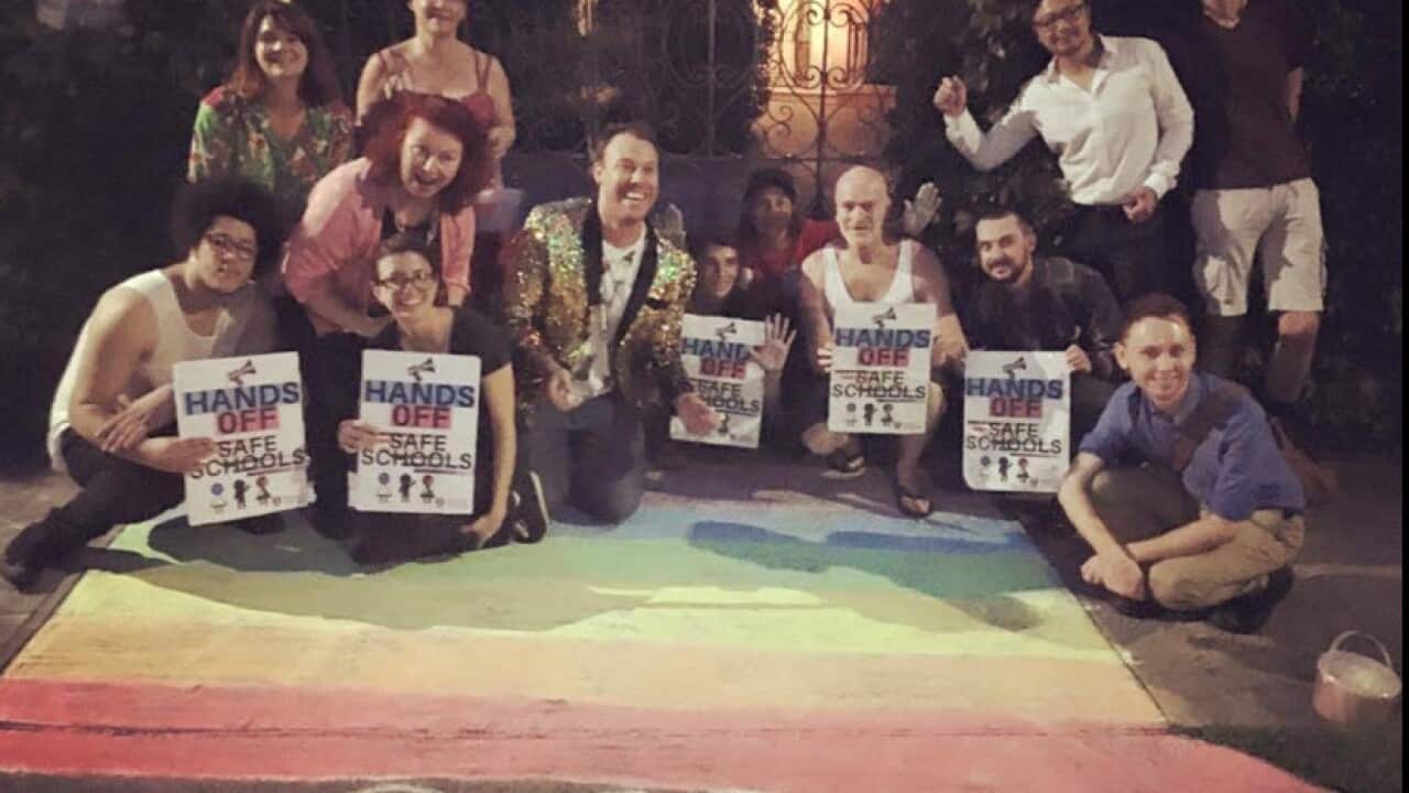 Safe Schools protesters outside Malcolm Turnbull's house. (Twitter/@PPantsdown)