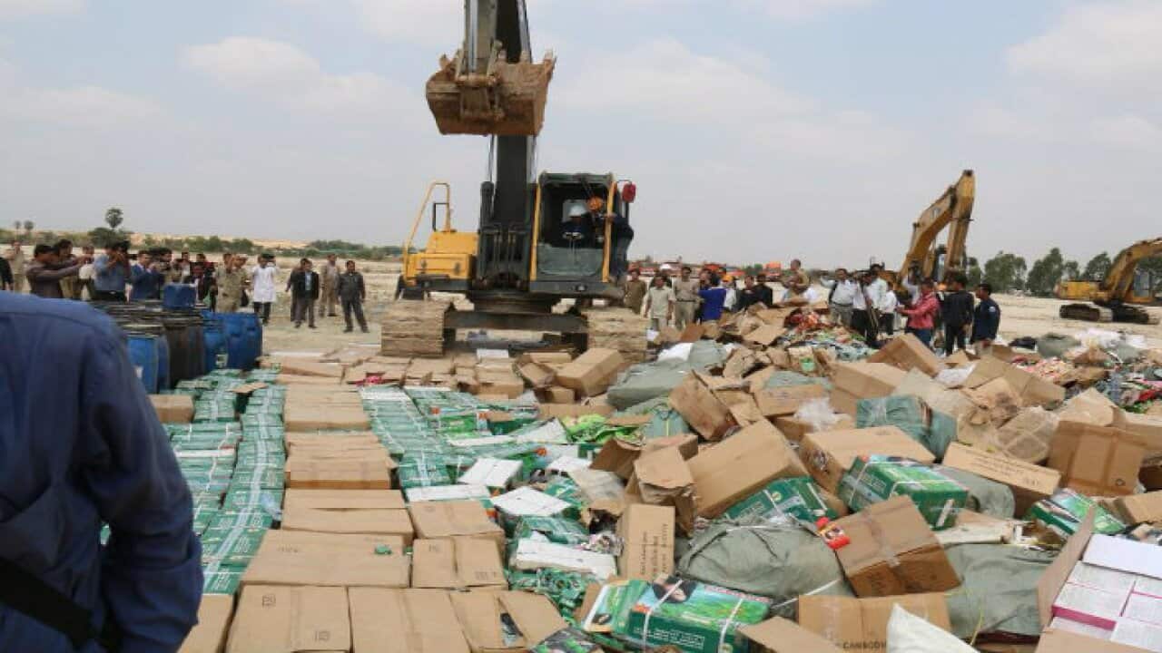 Authorities in Cambodia destroy over 100 tons of fake cosmetic products