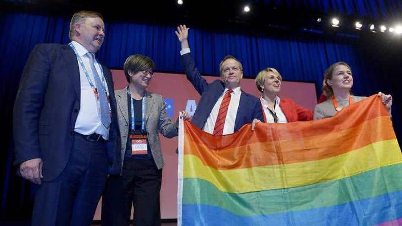 Senator Penny Wong holds a rainbow flag with opposition leader Bill Shorten, his deputy Tanya Plibersek former senator Louise Pratt and frontbencher Anthony Albanese after a successful vote on the same sex marriage bill
