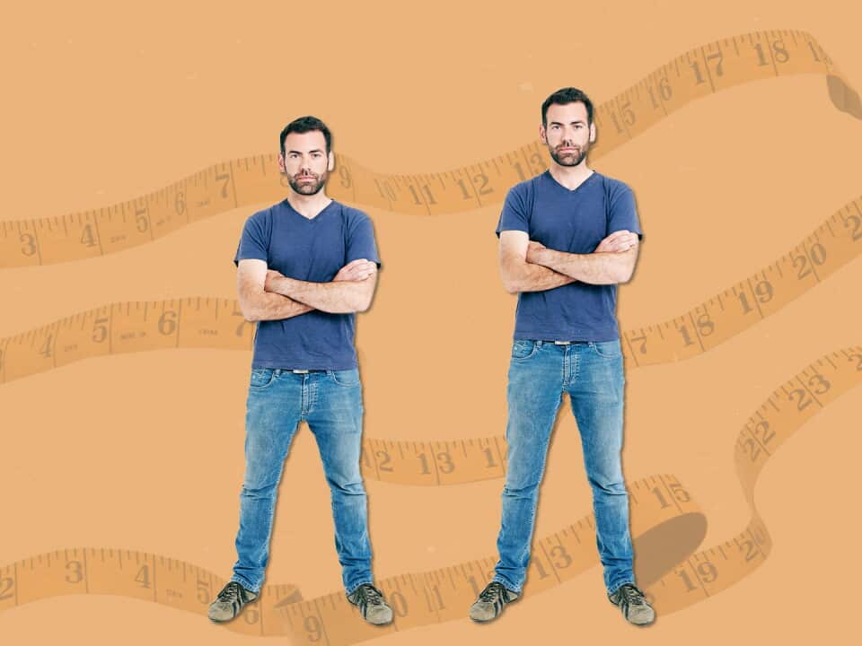 A graphic image showing two men, one taller than the other, with measuring tapes in the background.