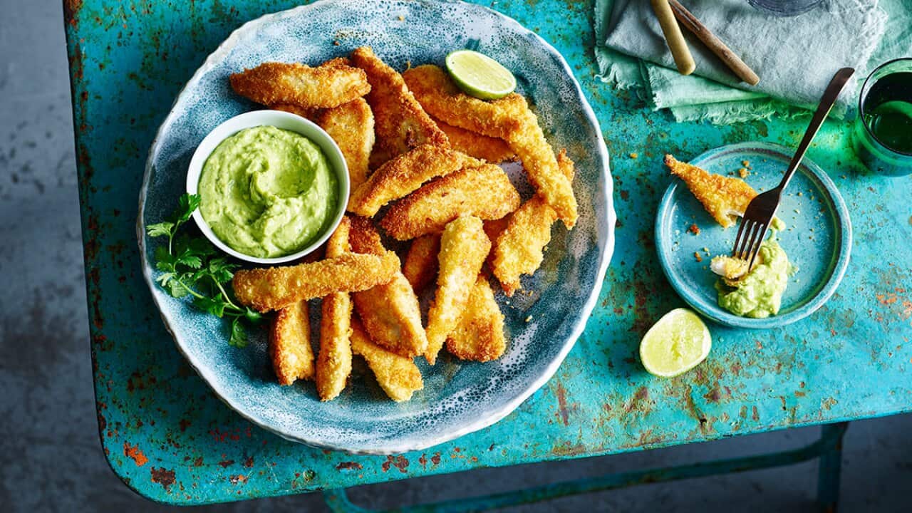 Coconut chicken strips with avocado dipping sauce