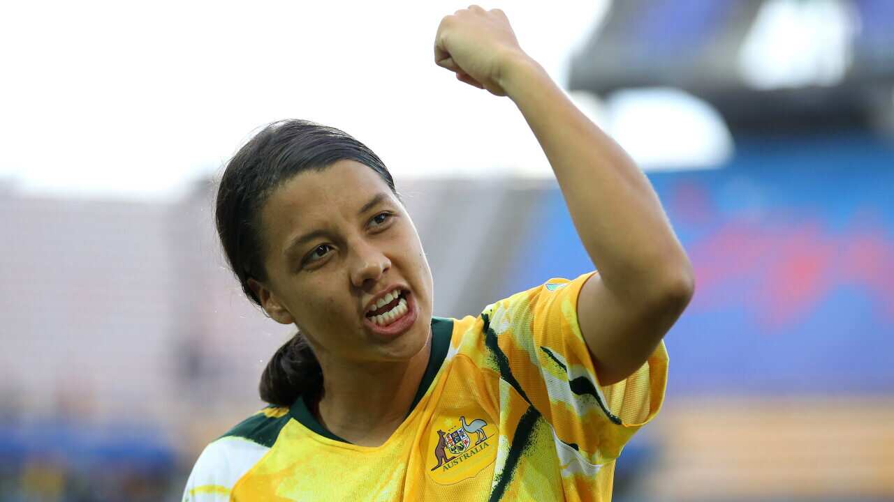 Sam Kerr of Australia celebrates following the Matildas’ win over Brazil.