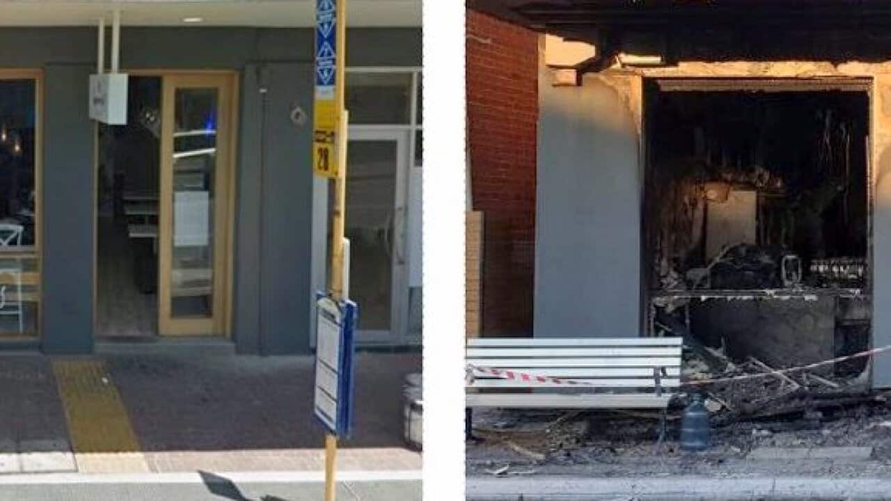 The Greek Australian business before and after a fire burn it down.