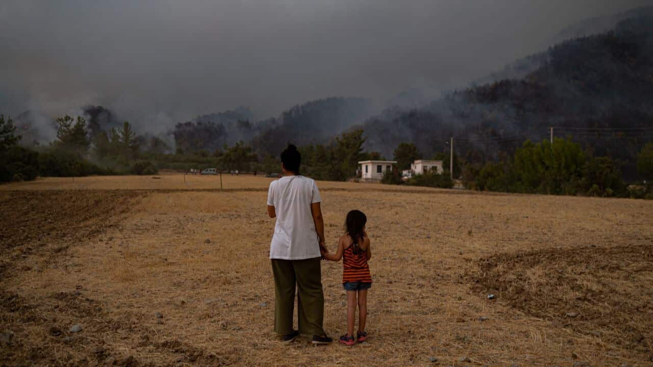 A woman and child stand in a field watching wildfires as they burn in the Koycegiz district of Mugla in Turkey on 3 August, 2021.