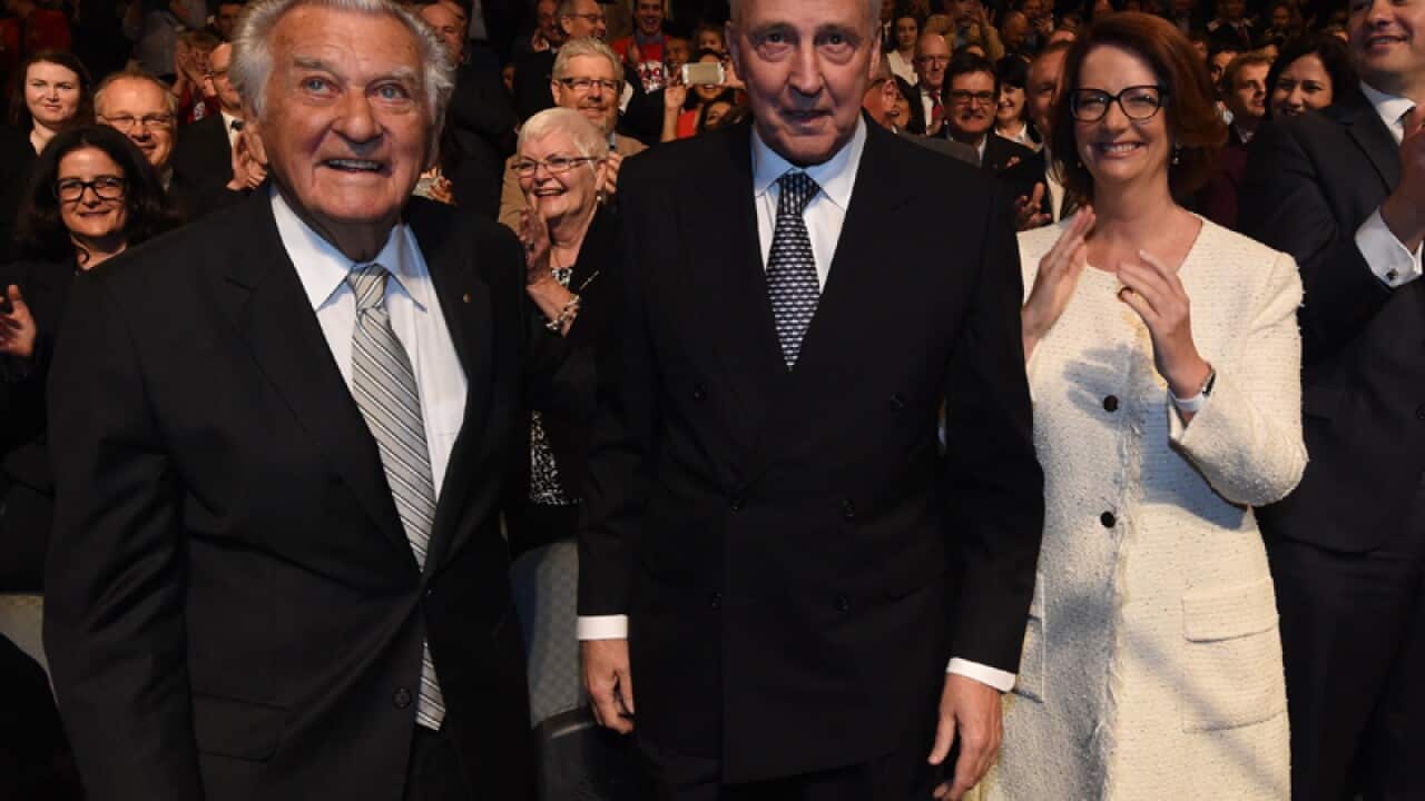 Former Prime Ministers Bob Hawke, Paul Keating and Julia Gillard