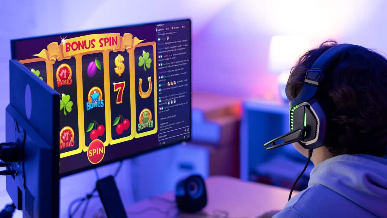 A man has headphones on as he watches an online poker machine game on a dual-monitor screen in a dimly lit room