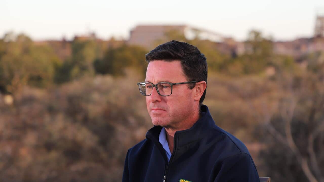 A man in black glasses and a navy blue jumper standing side on in an outback landscape