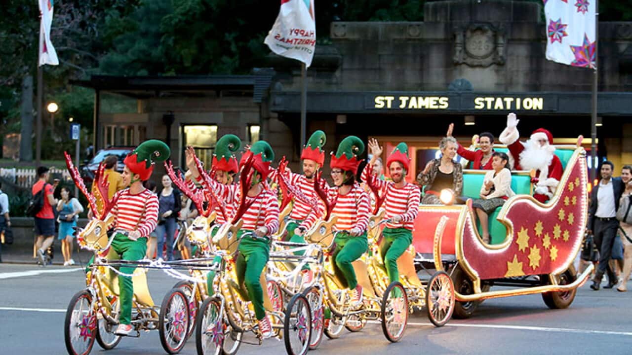 Sydney City Lord Mayor Clover Moore with the Christmas sleigh in the CBD streets of Sydney city.Picture by DAMIAN SHAW
