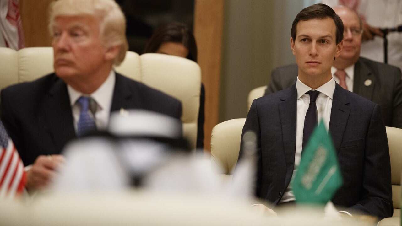 White House senior adviser Jared Kushner, right, looks on during a meeting inSaudi Arabia with U.S. President Donald Trump.