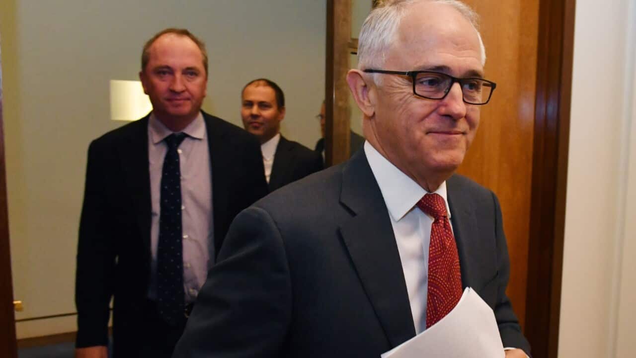 Prime Minister Malcolm Turnbull (right), Deputy Prime Minister Barnaby Joyce (left) and Minister for the Environment