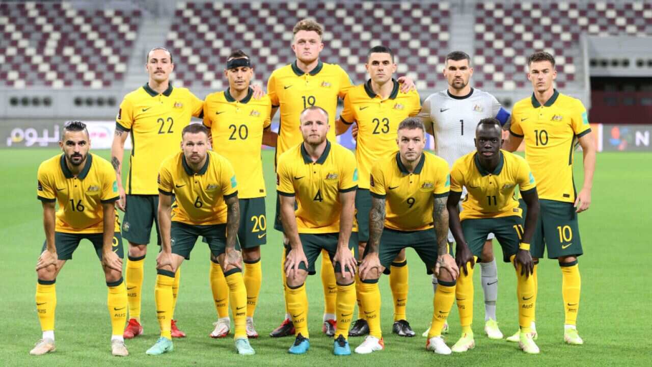 Players of Australia line up before the FIFA World Cup Qatar 2022 Asian qualification football match between Australia and China in Doha, Qatar, Sept. 2, 2021. (Photo by Nikku/Xinhua via Getty Images)