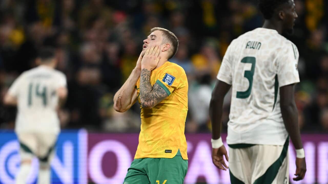 Australia's Riley McGree reacts after missing a shot during the FIFA World Cup 2026 AFC Asian Qualifiers match between Australia and Saudi Arabia at AAMI Park in Melbourne