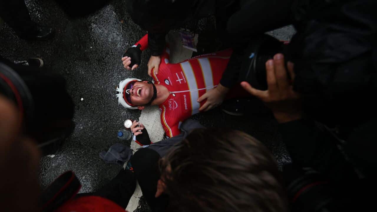 Denmark's Mads Pedersen reacts after his victory in the Men's Elite Road Race at the 2019 UCI Road World Championships(Getty)