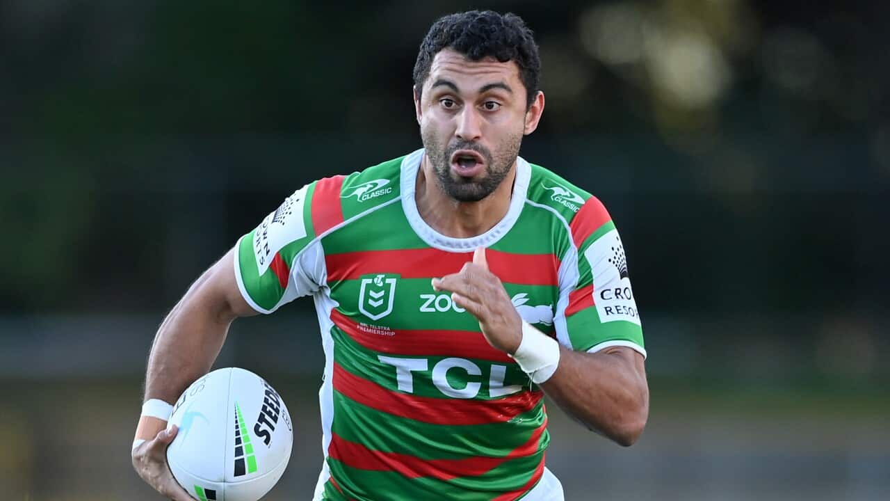 Alex Johnston of the Rabbitohs during the Round 16 NRL match between the Wests Tigers and South Sydney Rabbitohs at Leichhardt Oval in Sydney, Sunday, July 4, 2021. (AAP Image/Joel Carrett) NO ARCHIVING, EDITORIAL USE ONLY