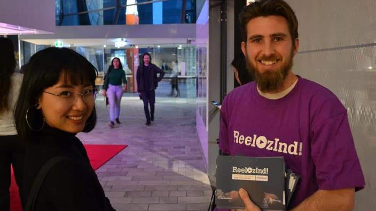 A ReelOz volunteer, Sam Shlansky and an audience member after the screening of films at the 2017 ReelOzInd Film Festival at ACMI in Melbourne.