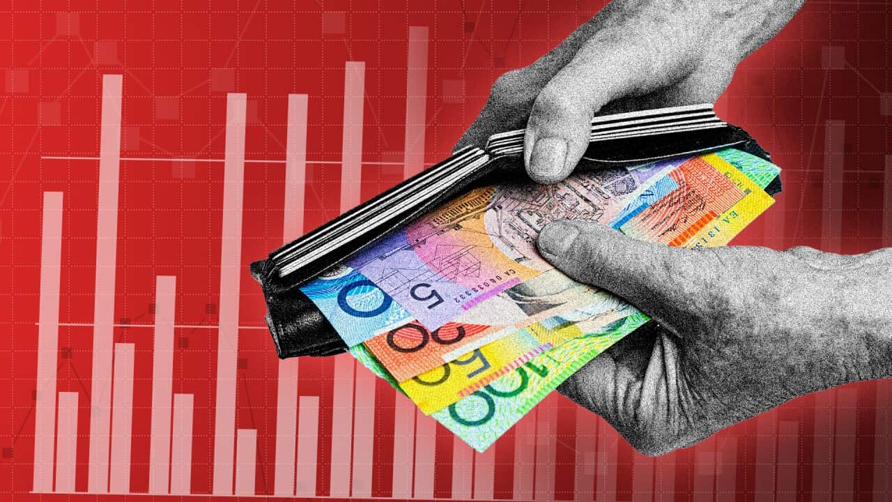 Graphic implying wage growth of a man's hand reaching into the wallet fanning money.