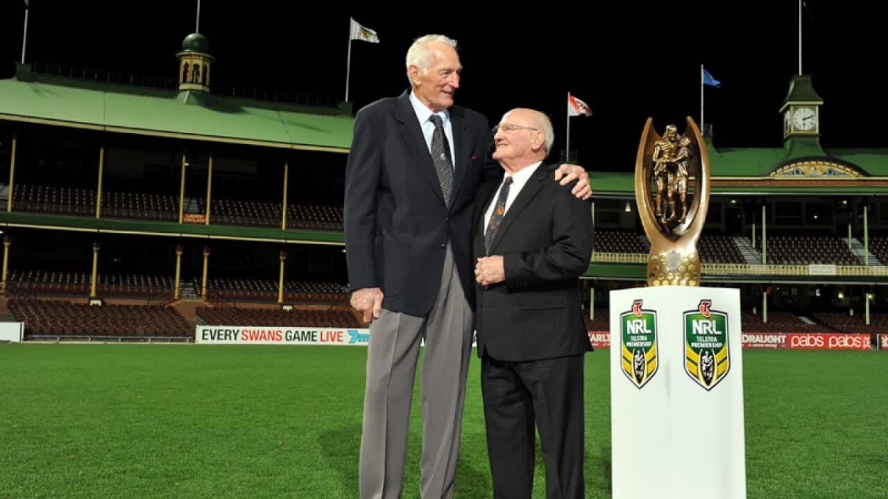 Rugby league greats Norm Provan (L) and Arthur Summons