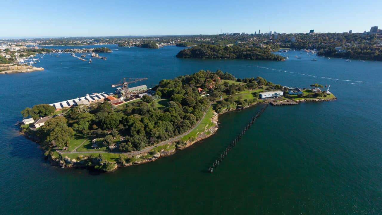An aerial view of an island on Sydney harbour.