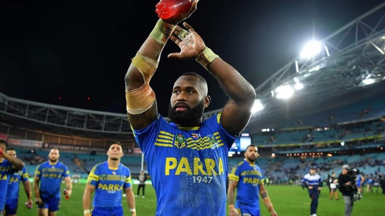 Semi Radradra of the Eels celebrates during a game.