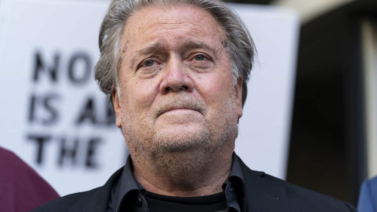 Close-up of Steve Bannon's face with a forlorn expression