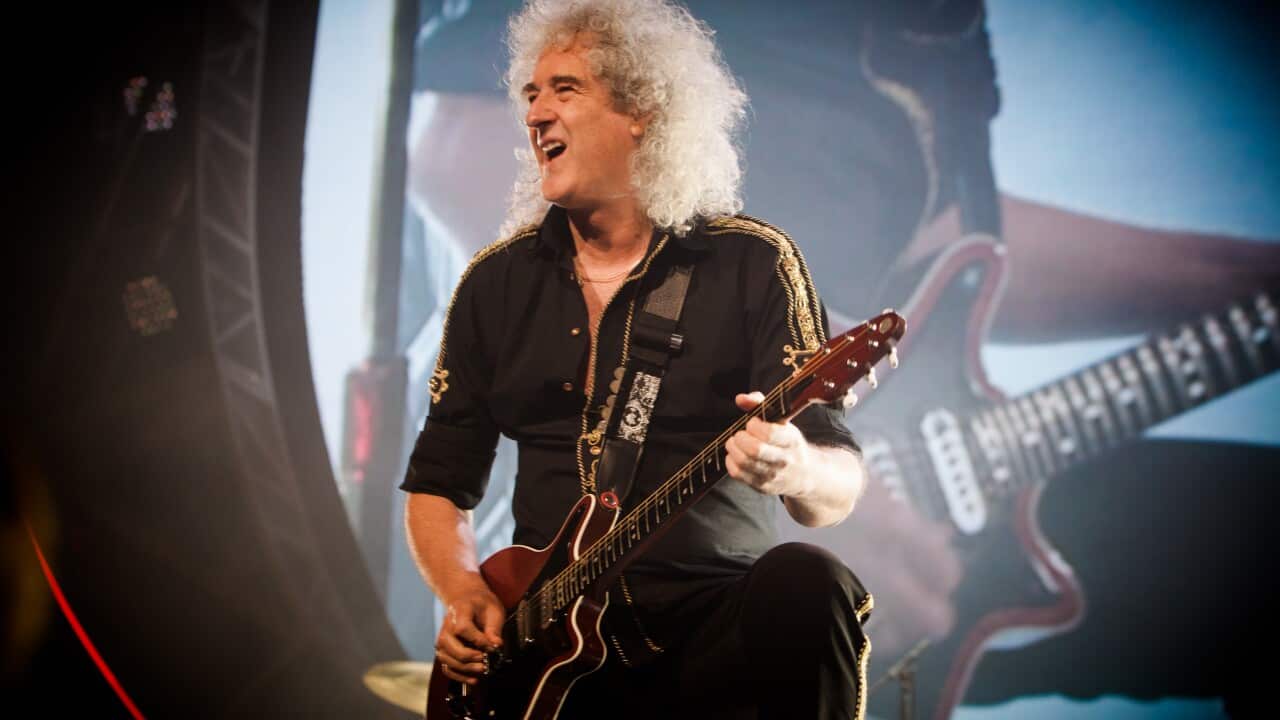 Brian May of Queen + Adam Lambert perform in Melbourne at Rod Laver Arena on 29 August 2014. (AAP Image/Noise 11/Ros O'Gorman) NO ARCHIVING, EDITORIAL USE ONLY