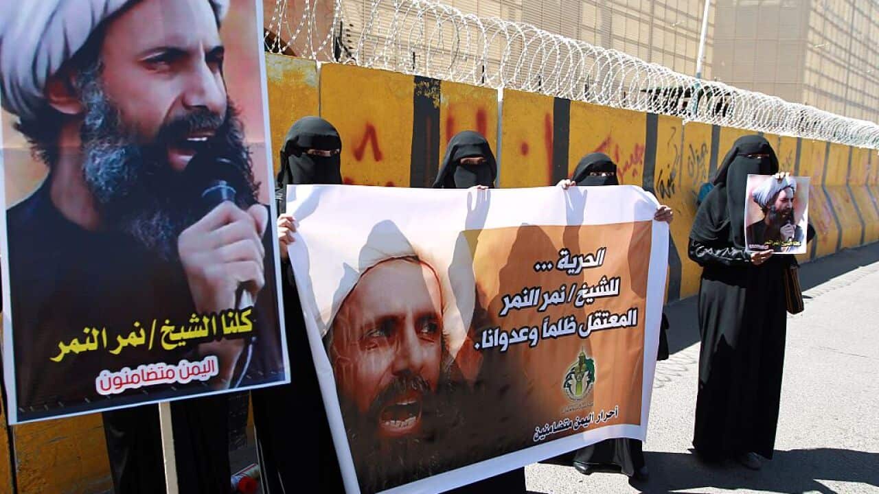 Yemeni protesters take part in a demonstration outside the Saudi embassy in Sanaa against the death sentence handed to on Shia cleric and anti-government protest leader Nimr al-Nimr