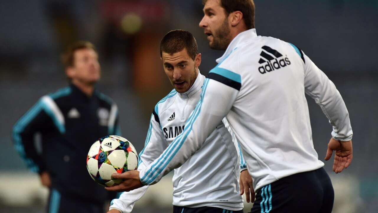 Chelsea's Eden Hazard (L) and Branislav Ivanovic