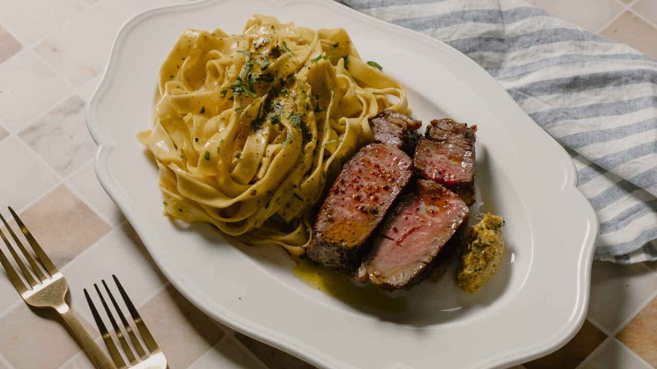 Steak with café de Paris fettuccini