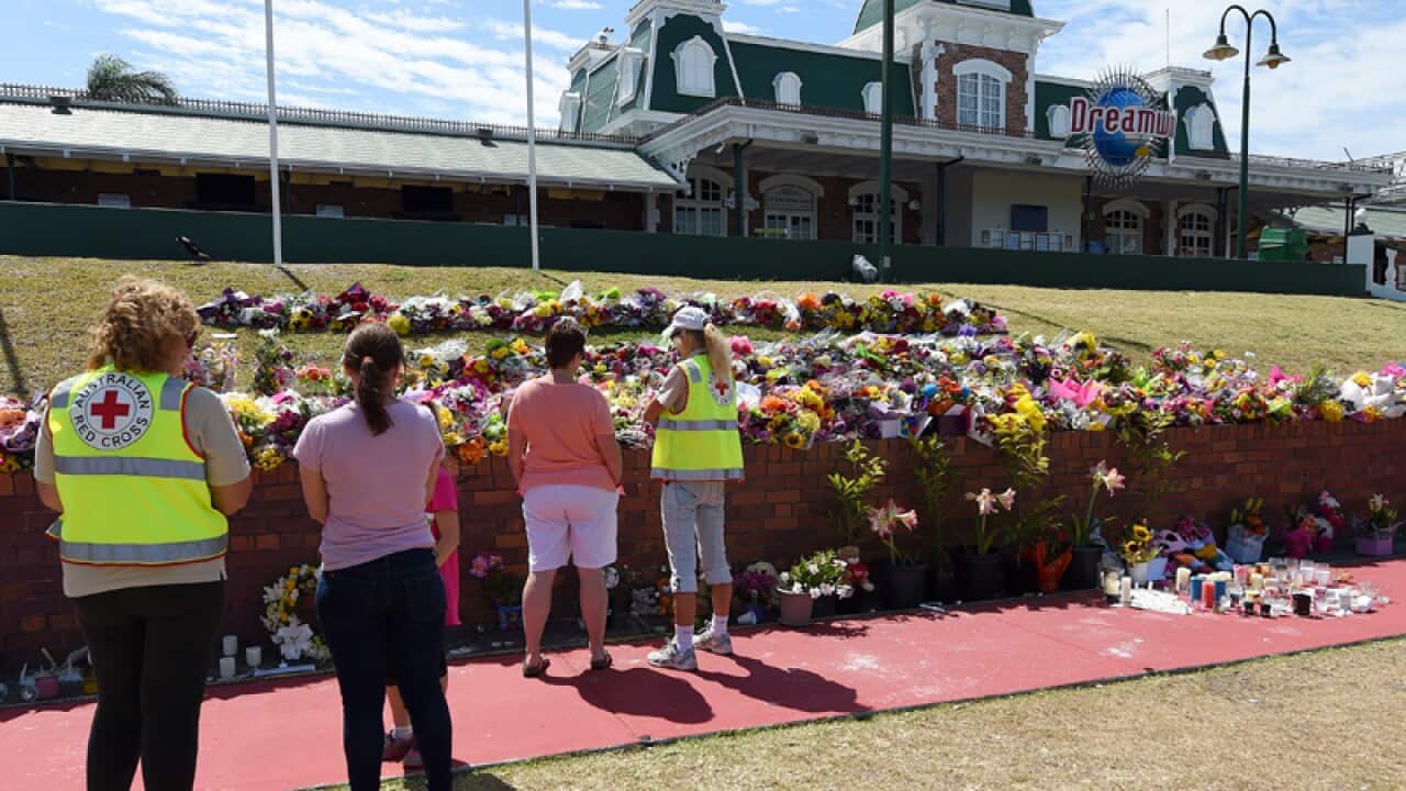 Floral tributes outside the Dreamworld Theme Park