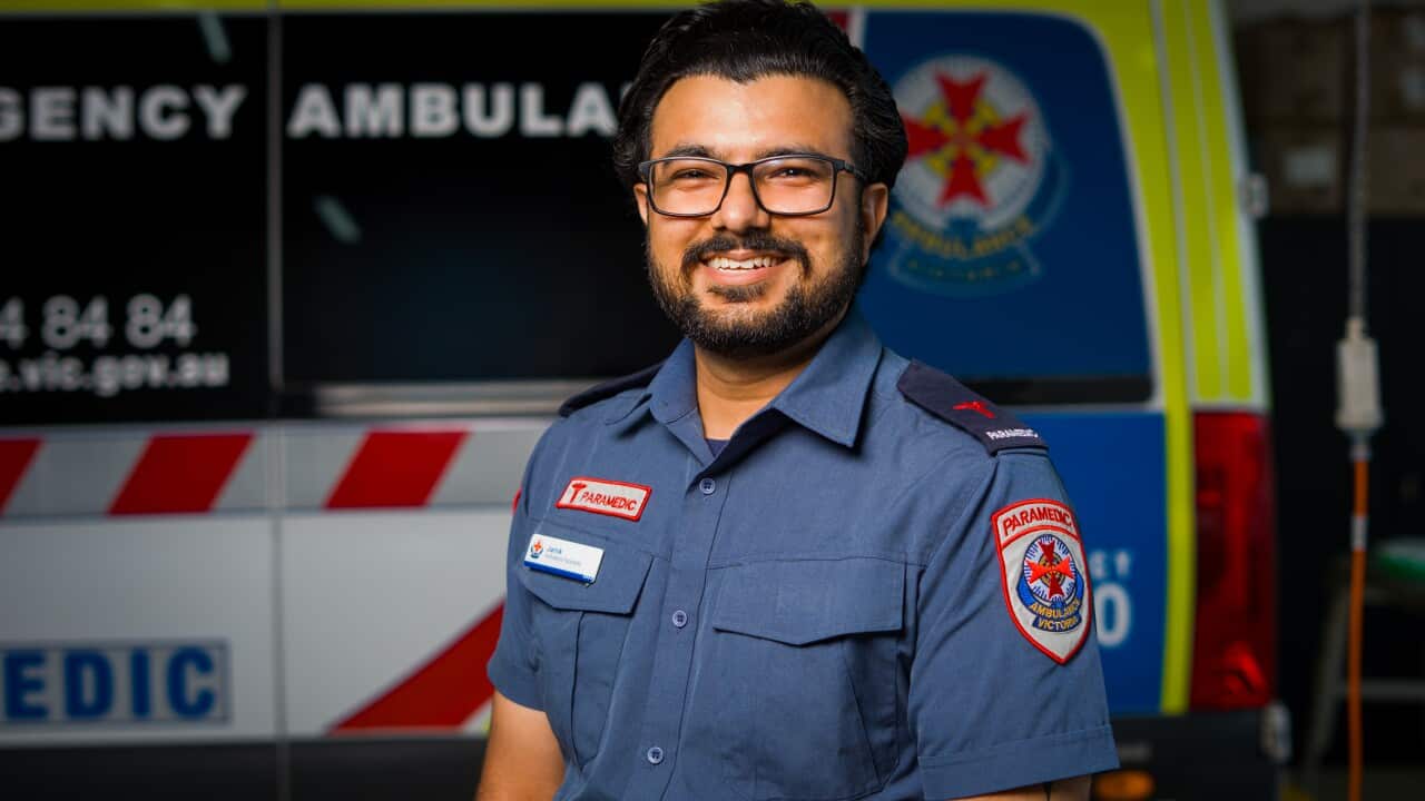 Jaimik Chauhan works as an Advanced Life Support Paramedic at Ambulance Victoria. Credit: Ambulance Victoria