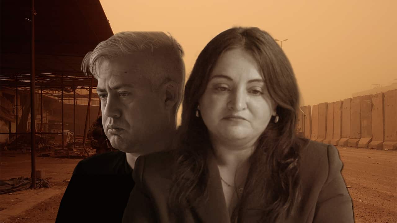 A sepia-toned collage features a man and a woman looking somberly toward the side, set against a hazy background of a damaged structure and a fortified wall of concrete barriers.