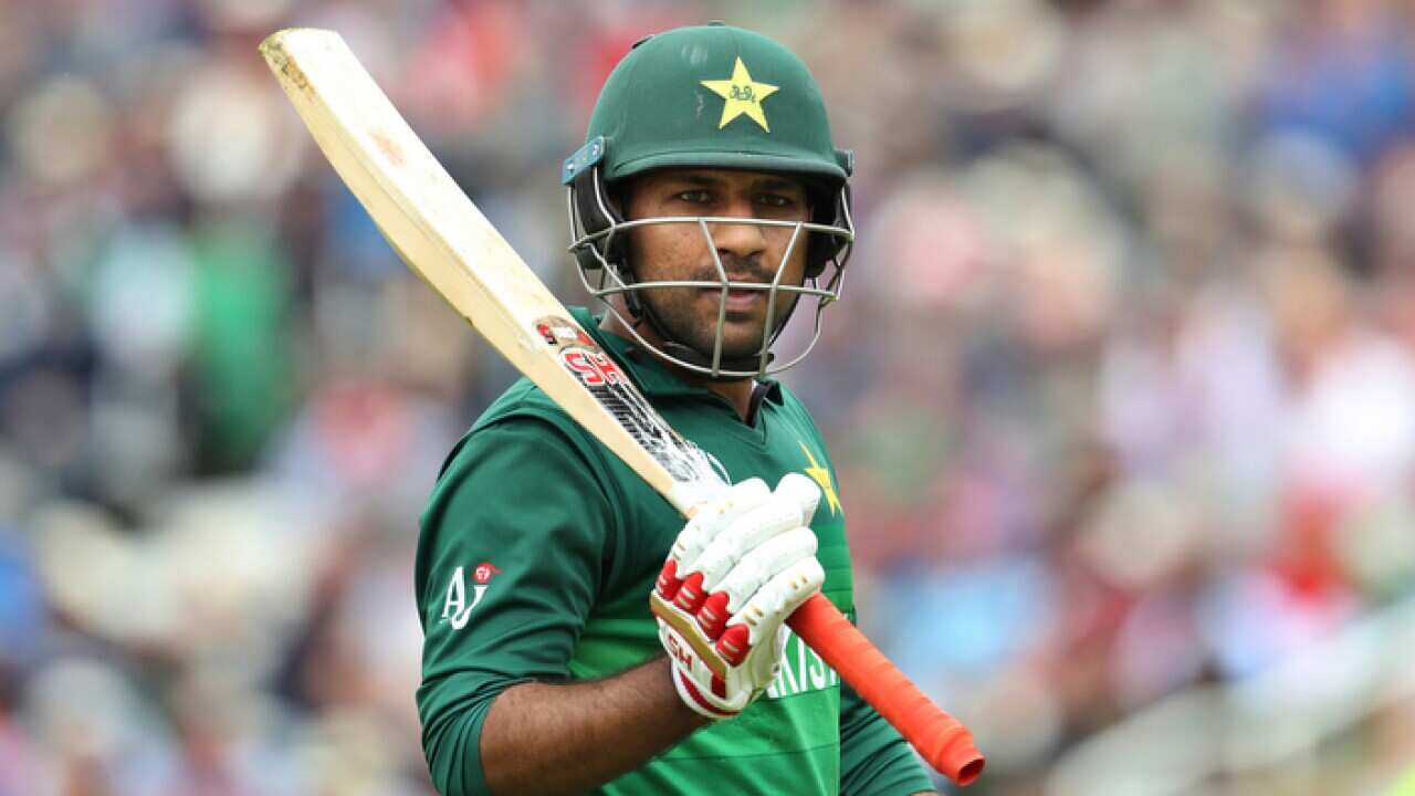 Pakistan's captain Sarfaraz Ahmed leaves the field after being dismissed during the Cricket World Cup match between England and Pakistan at Trent Bridge in Nottingham, Monday, June 3, 2019. (AP Photo/Rui Vieira)