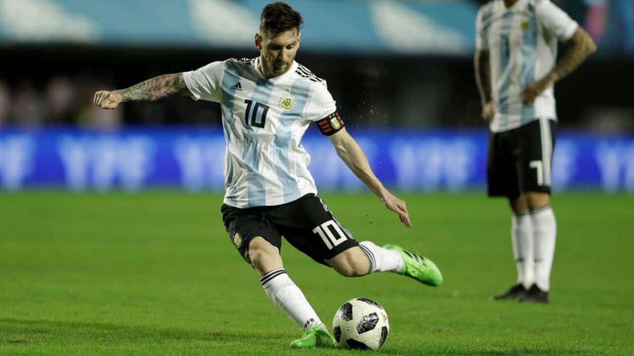 Argentina's Lionel Messi kicks the ball during a friendly soccer match between Argentina and Haiti in Buenos Aires, Argentina, Tuesday, May 29, 2018. (AP Photo/Victor R. Caivano)
