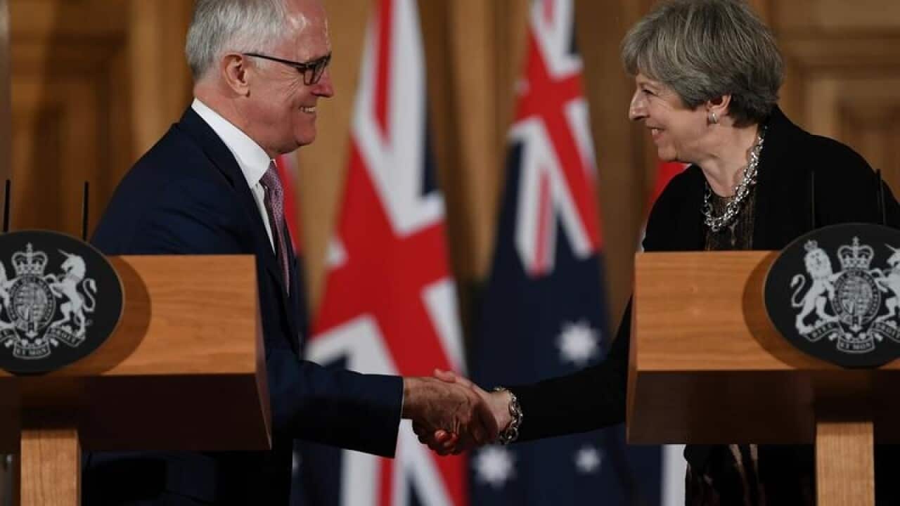 File picture of Malcolm Turnbull and Theresa May shaking hands.