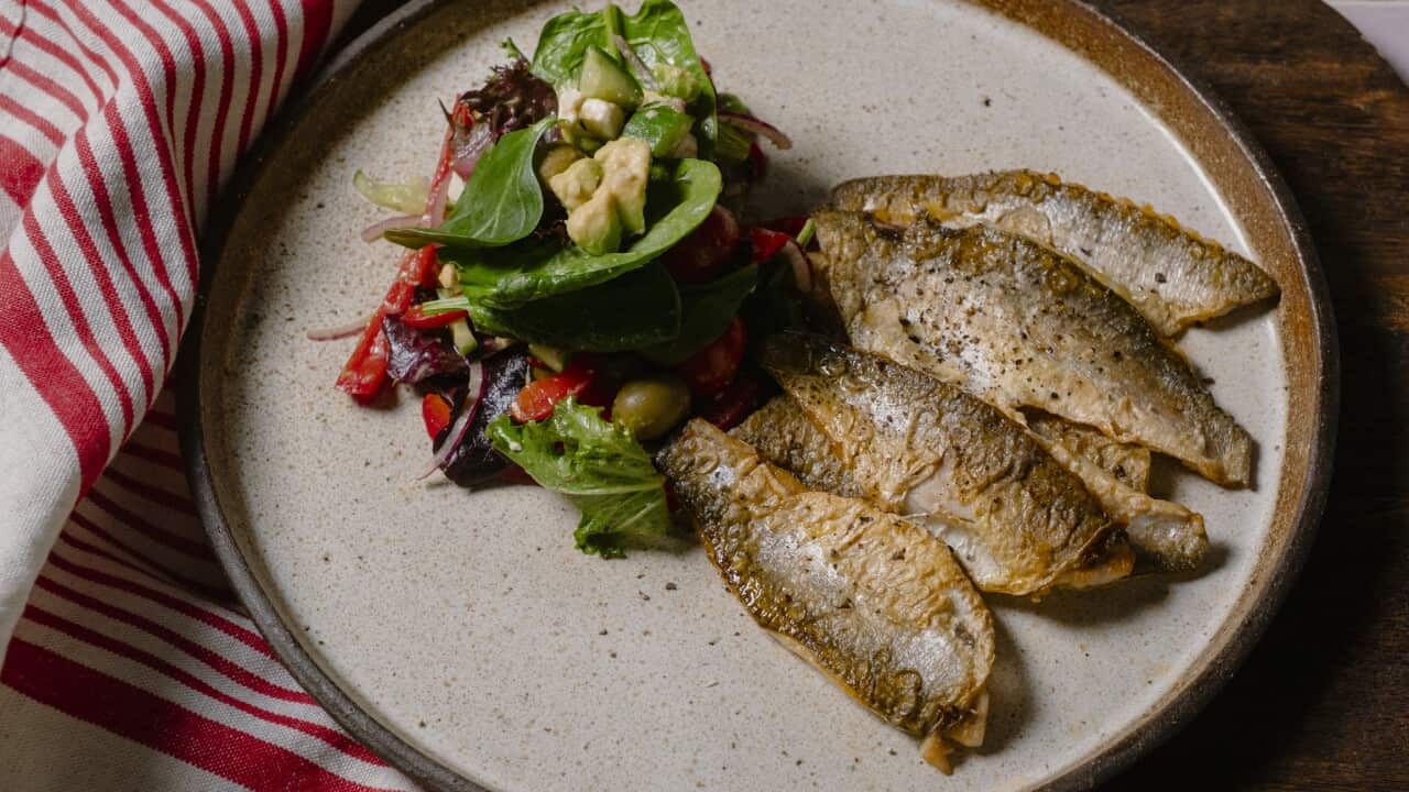 Pan-fried fish and salad Ngarrindjeri style