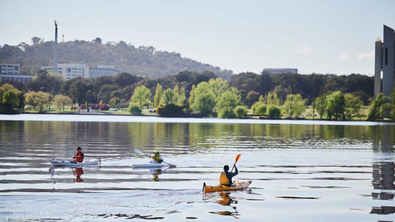 ayakers on Lake Burley Griffin on October 08, 2021 in Canberra, Australia.