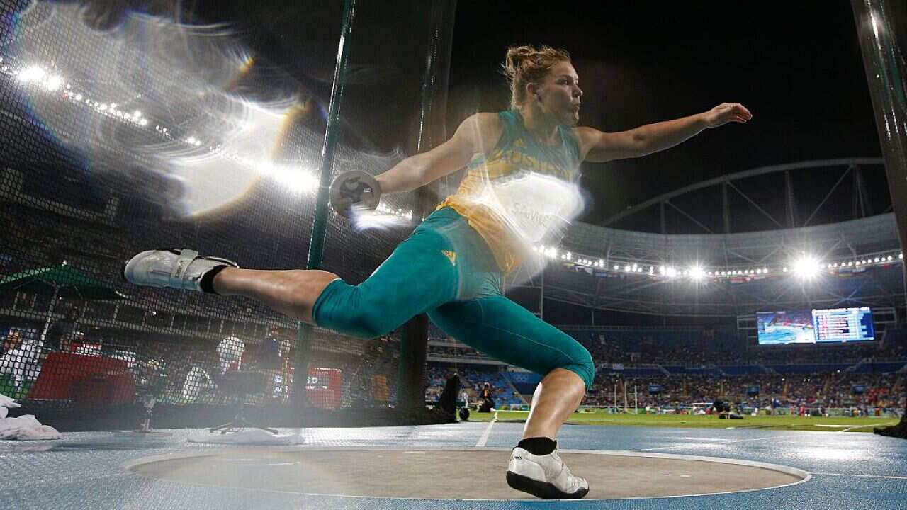 Australia's Dani Samuels competes in the Women's Discus Throw Qualifying Round