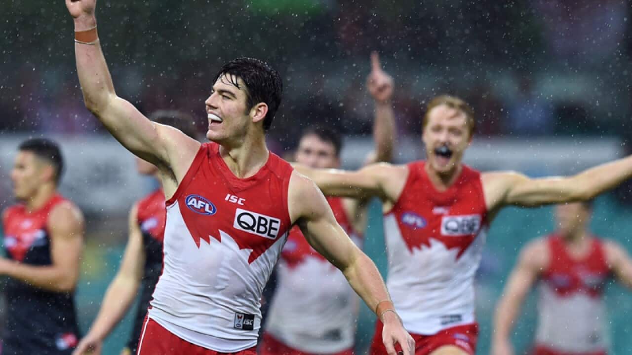 George Hewett (centre) of the Swans