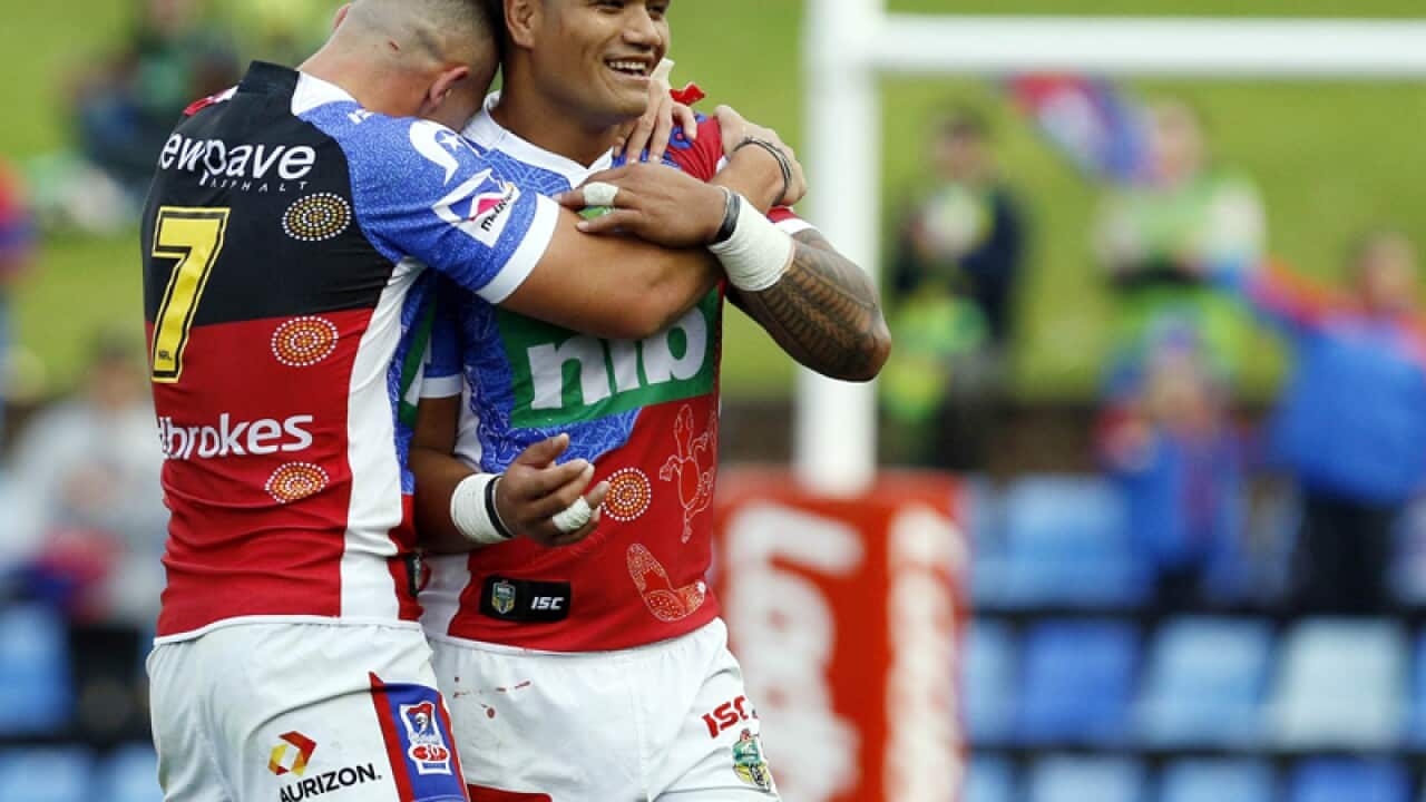 Knights players Jaelen Feeney (L) and Peter Mata'utia (R)